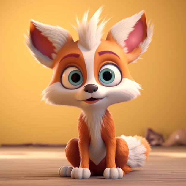 A close up of a cartoon fox sitting on a wooden floor generative ai