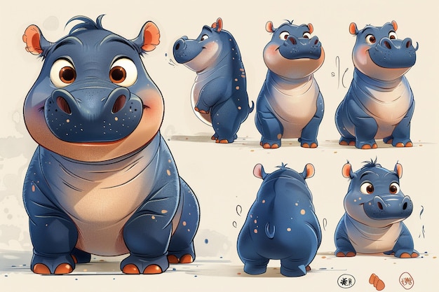 a close up of a cartoon hippo with various poses generative ai