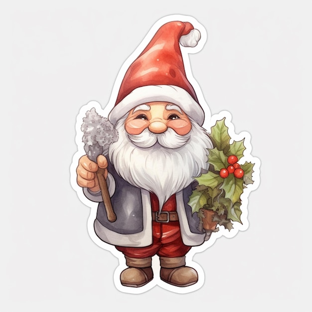 A close up of a cartoon santa claus holding a holly branch generative ai