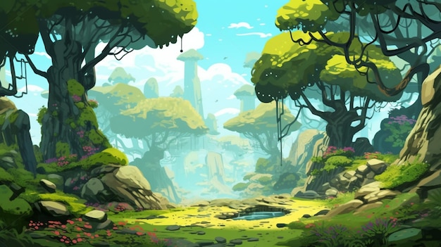 A close up of a cartoon style scene of a forest generative ai