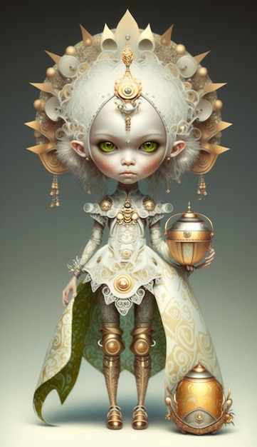 Close up of cartoonish looking doll with white dress and gold accessories generative ai