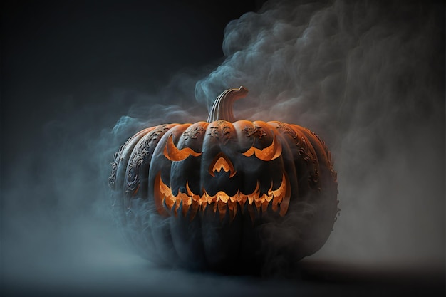 Close up of carved halloween pumpkin with smoke creative digital illustration painting