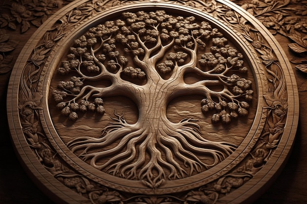 A close up of a carved wood wall with a tree of life generative ai