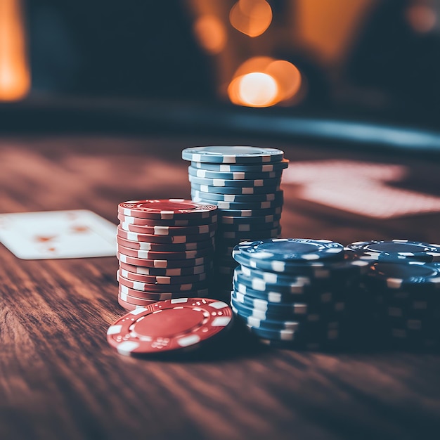 Close Up of Casino Chips on a Wooden Table