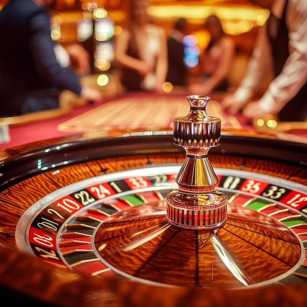 a close up of a casino table with a casino game in the background