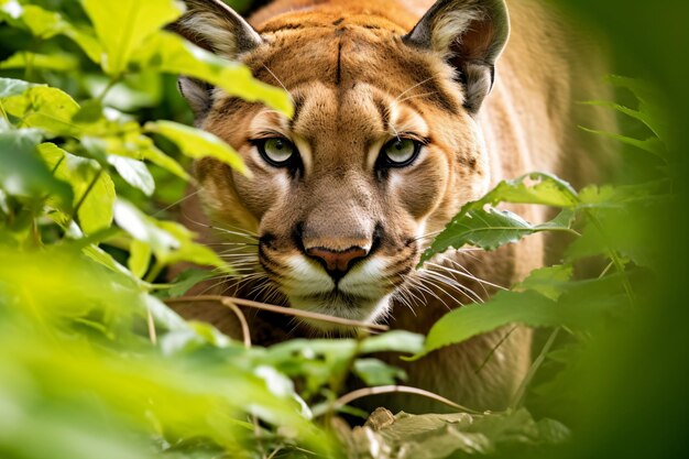 a close up of a cat in the bushes