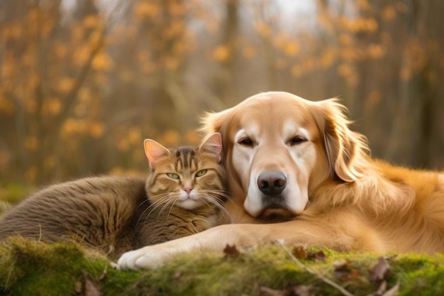 Close up cat and dog together lying Generative AI