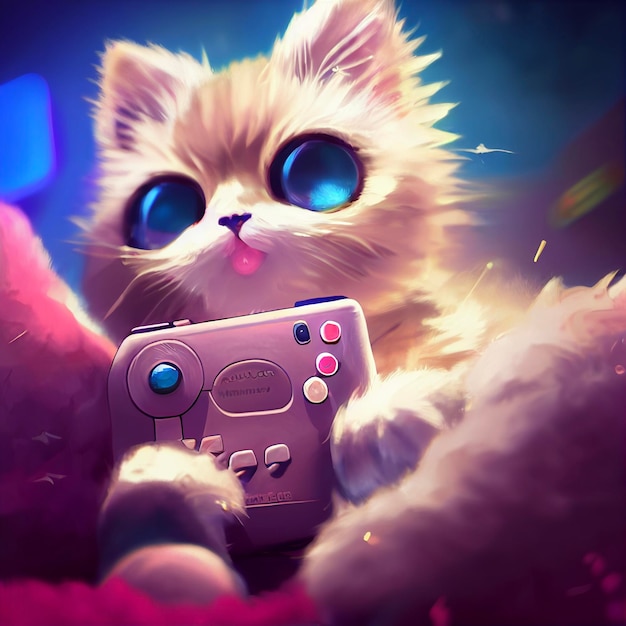 Close up of a cat holding a game controller generative ai