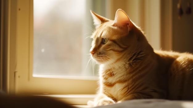 Close up of cat laying on window sill near window Generative AI