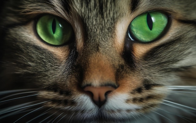 A close up of a cat's face with green eyes.