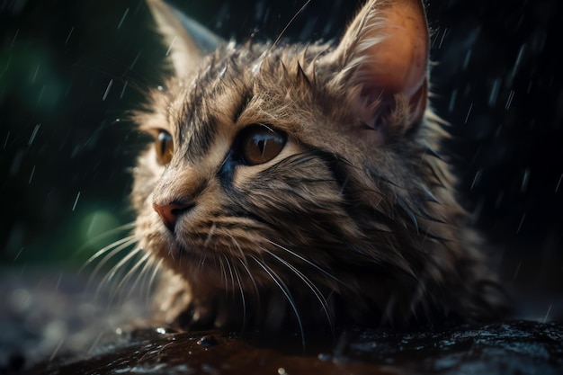 Close up of cat's face with rain falling on it Generative AI