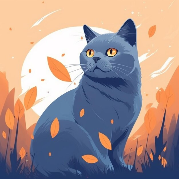 A close up of a cat sitting in the grass with leaves generative ai