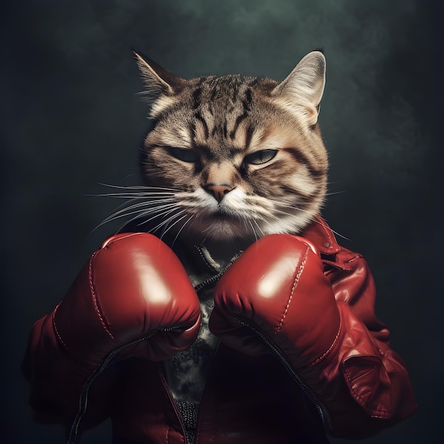 A close up of a cat wearing boxing gloves