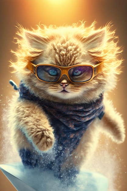 Close up of a cat wearing sunglasses on a surfboard generative ai