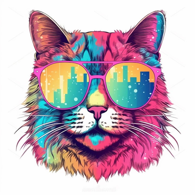 A close up of a cat wearing sunglasses with a city skyline in the background generative ai