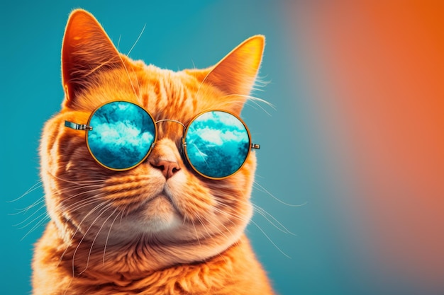 Close up of cat wearing sunglasses with clouds reflected in the lenses Generative AI