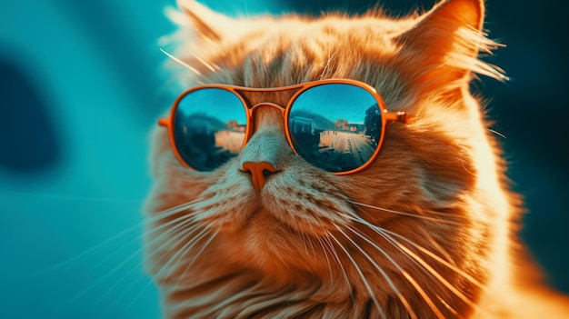 Close up of cat wearing sunglasses with reflection of building in it Generative AI