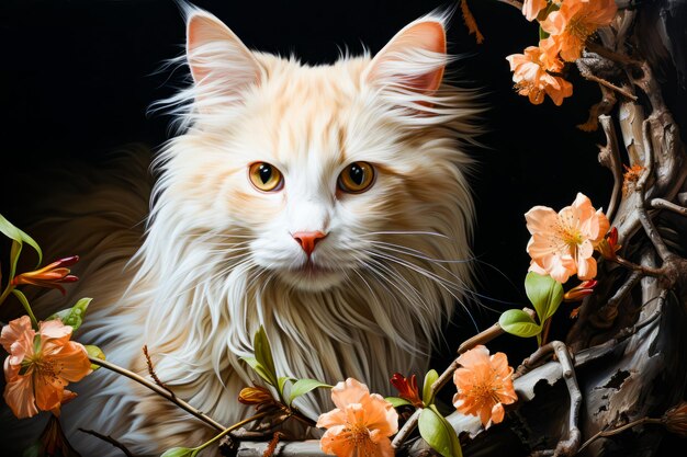 Close up of cat with flowers in the background Generative AI