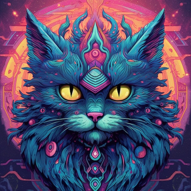 A close up of a cat with a psychedelic look on its face generative ai