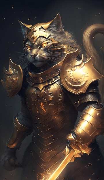 Close up of cat with sword and armor generative ai