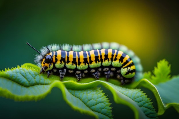 Close up of caterpillar on leaf on sunny day with blurry background Generative AI