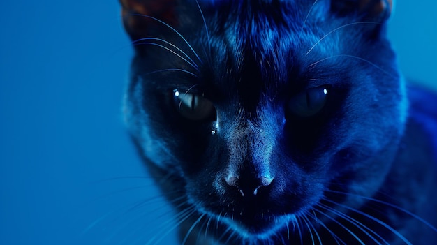 a close up of a cats face with a blue background