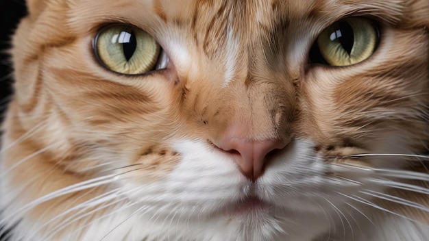 a close up of a cats face with green eyes