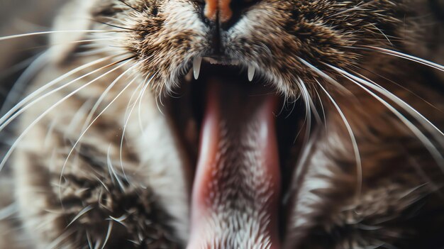 Close up of a cats open mouth showing its teeth and pink tongue