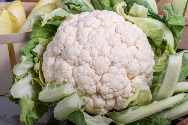 Close up of cauliflower on  wooden table