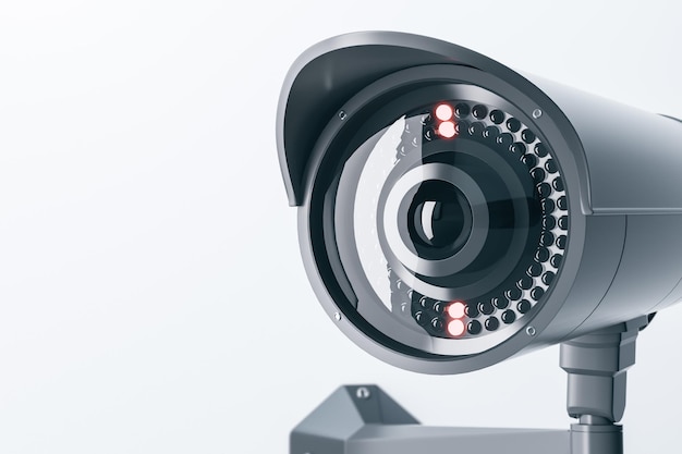 Close up of cctv camera on light background with mock up place for your text and advertisement Control system concept 3D Rendering