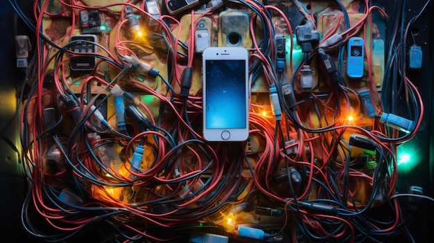 Close up of cell phone with lots of wires on it