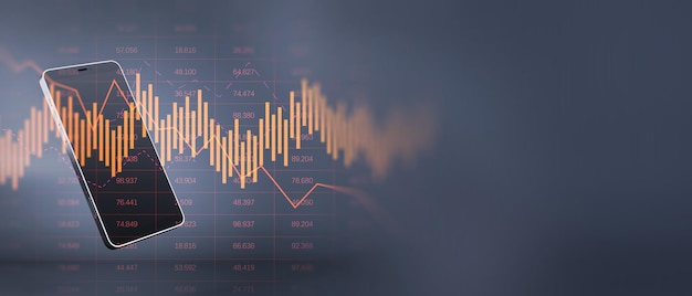 Close up of cellphone with glowing downward business chart on blurry wide perspective background with mock up place Crisis and stock market recession concept Double exposure