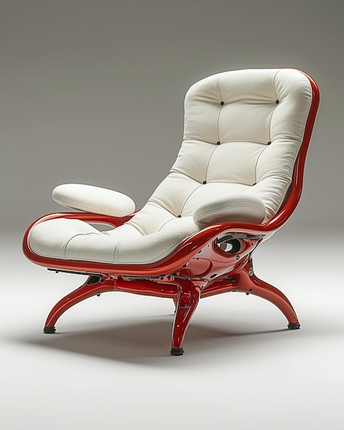 A close up of a chair with a red frame and a white cushion