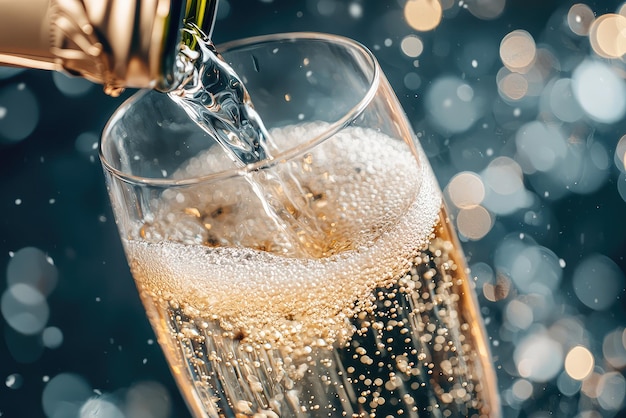 Photo a close up of champagne being poured into glass capturing effervescence and bubbles that create festive atmosphere sparkling liquid glistens beautifully evoking celebration and joy