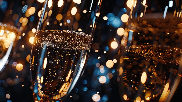 Photo a close up of a champagne glass with bubbles and a blurry background