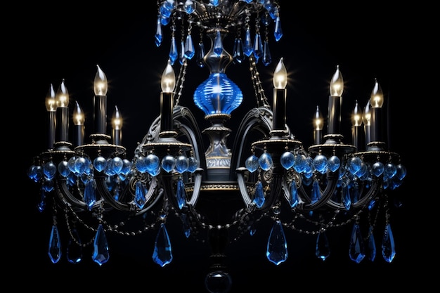 a close up of a chandelier with blue crystals and a clock generative ai