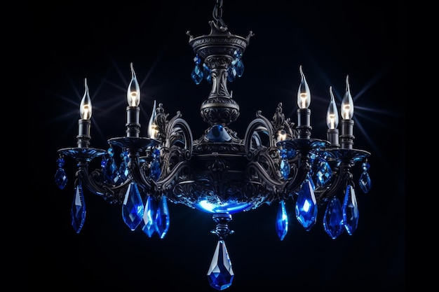 a close up of a chandelier with blue crystals hanging from it generative ai