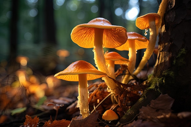 Close up of chanterelle mushrooms edible and found in a forest