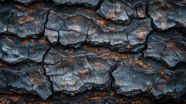 A close up of a charred tree trunk revealing the layers and texture of the wood