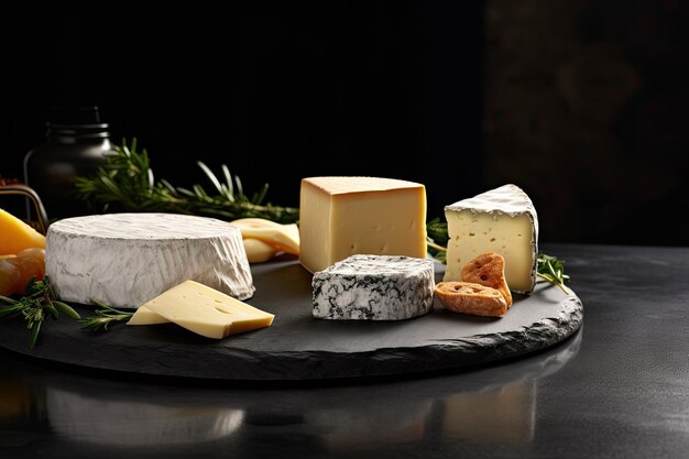 Close up of cheese in a black stone deli countertop