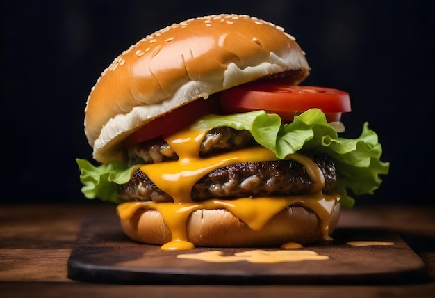 Close up of a cheeseburger with lettuce tomato melted cheese and sauce on a wooden surface agains