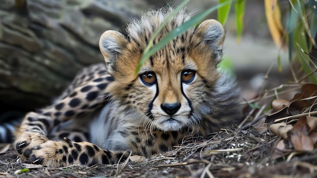 A close up of a cheetah cub laying in the dry grass The cub is looking at the camera with an curious expression on its face