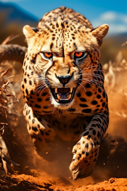 Close up of cheetah running through field Generative AI