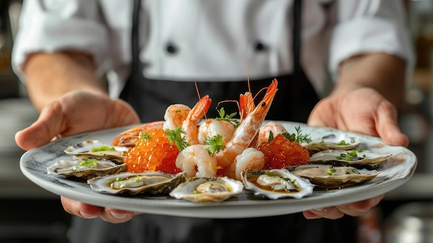 close up of a chef holding a bowl of seafood Selective focus