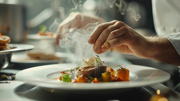 Close up of a chefs hand adding a finishing touch to a delicious dish