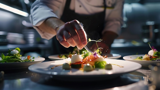 Close up of a chefs hand carefully plating a gourmet dish in a restaurant kitchen