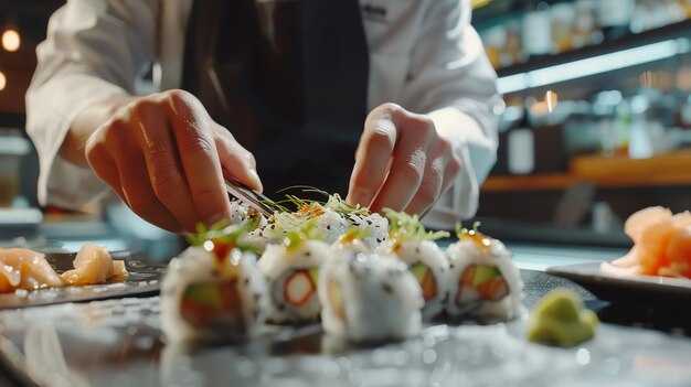 Close up of a chefs hands carefully arranging a plate of sushi