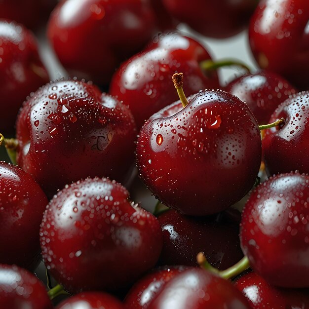 a close up of cherries with water droplets on them