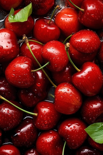 A close up of cherries with water drops on them