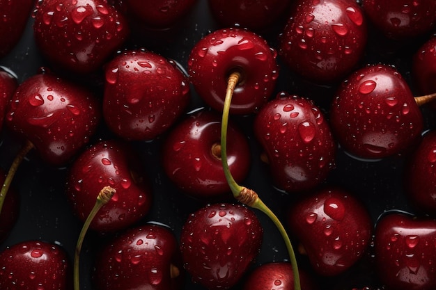 A close up of cherries with water drops on them